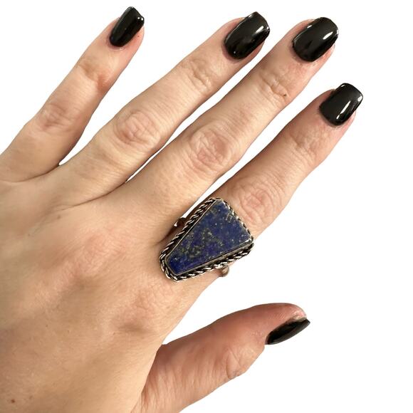 Lapis lazuli triangle semi-precious gemstone ring sterling silver plated 8 - Picture 5 of 6